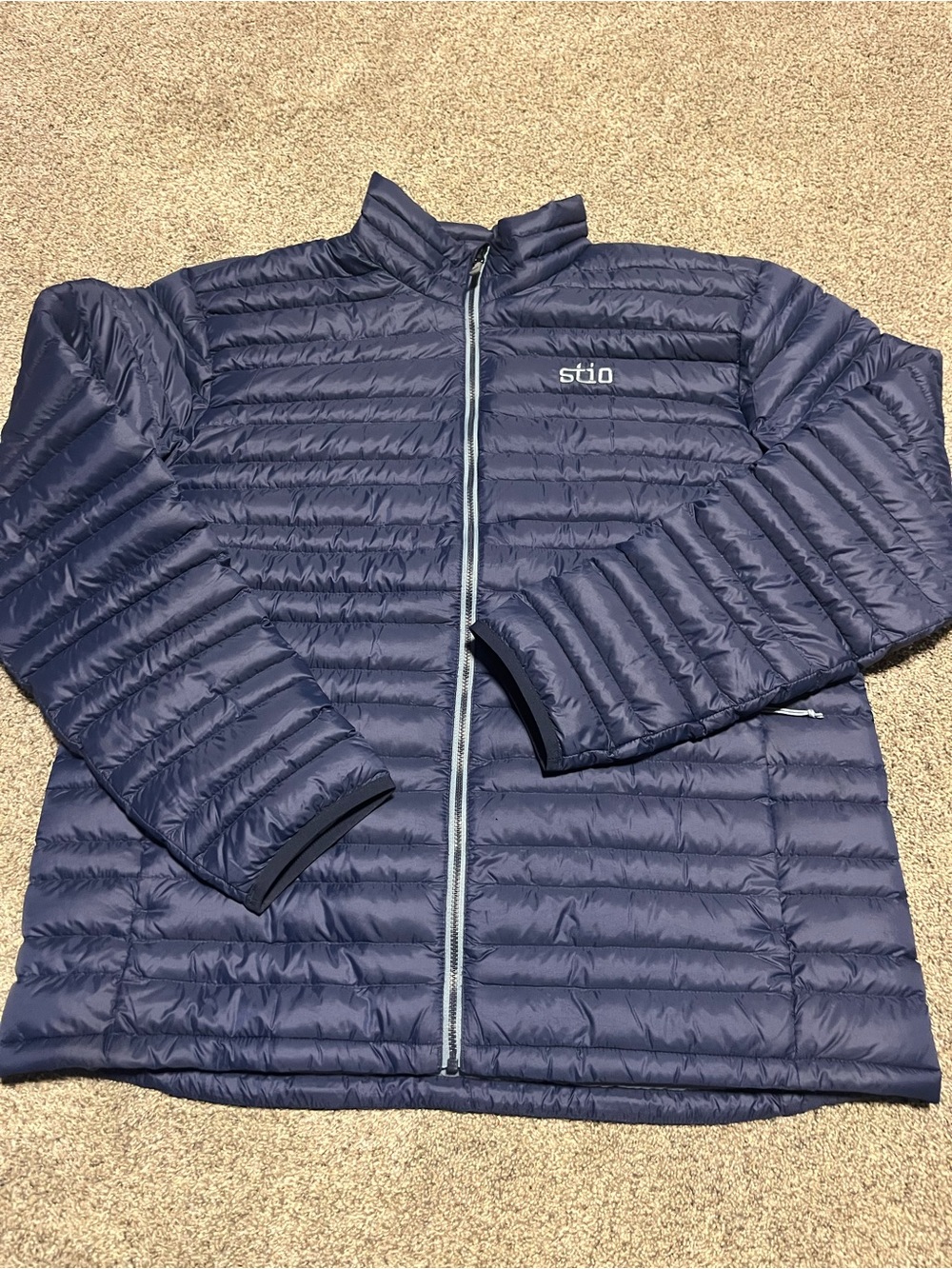 Stio Pinion Down Sweater Jacket Men's Large Blue Puffer Full Zip Pockets NWOT